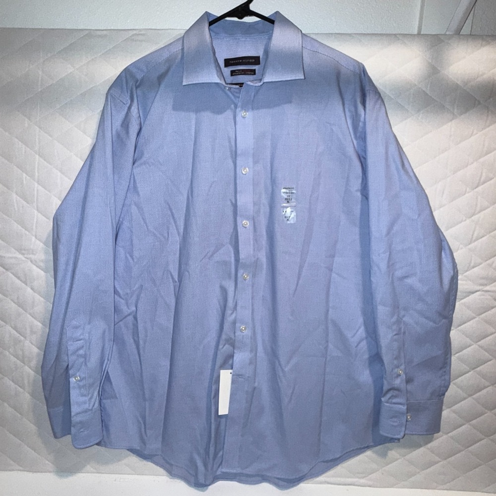 Tommy Hilfiger Mens Dress Shirt 17 32/33 XL Blue Stripe Button Front Long Sleeve